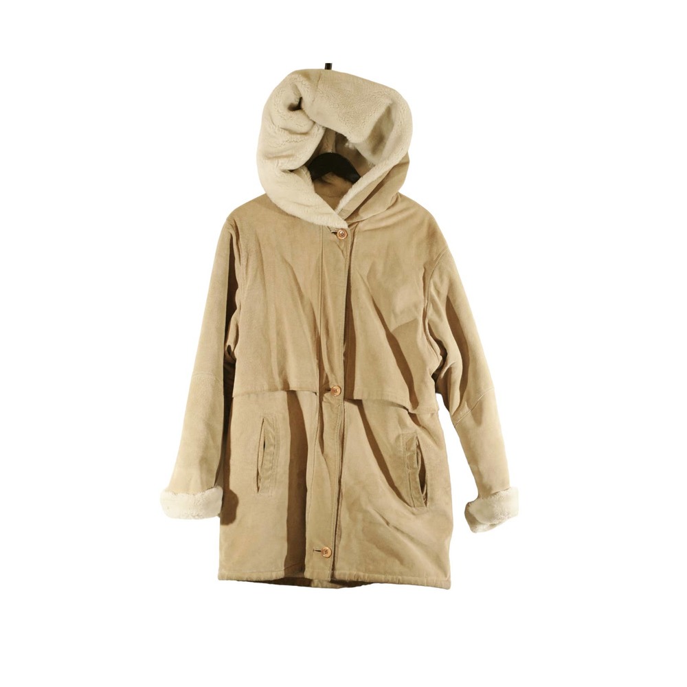 Vintage Wilson's Leather Suede Vegan Shearling Coat L Tan Hooded Parka FLAWS